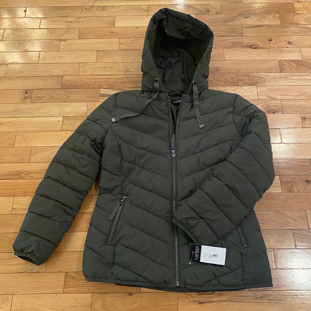 Lauren Ralph Lauren Loden Green Chevron Quilted Hooded Puffer Jacket M New